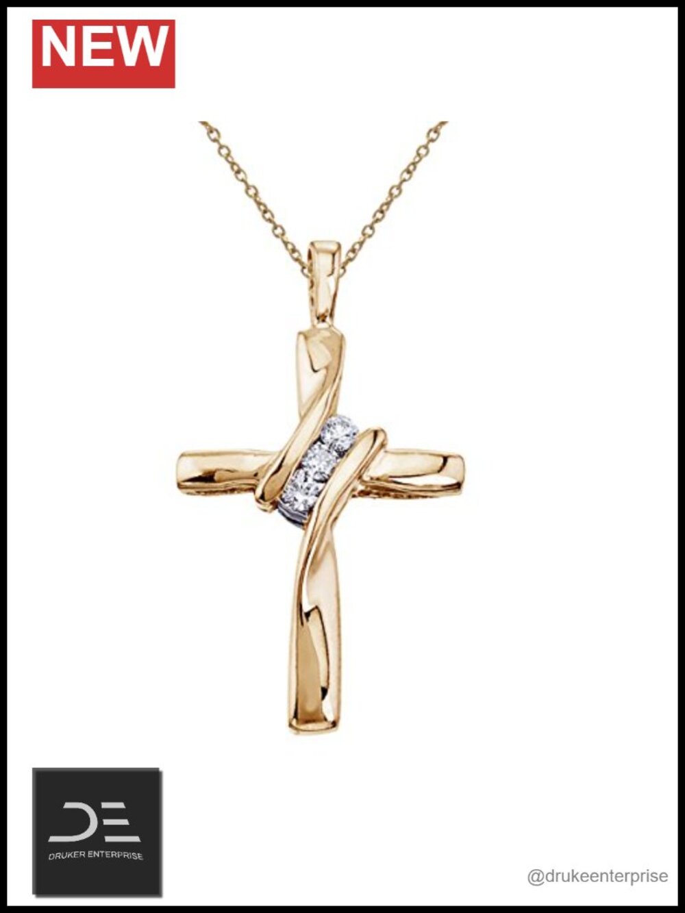 10k Yellow Gold Three Stone Diamond Cross Pendant Necklace 18" Chain